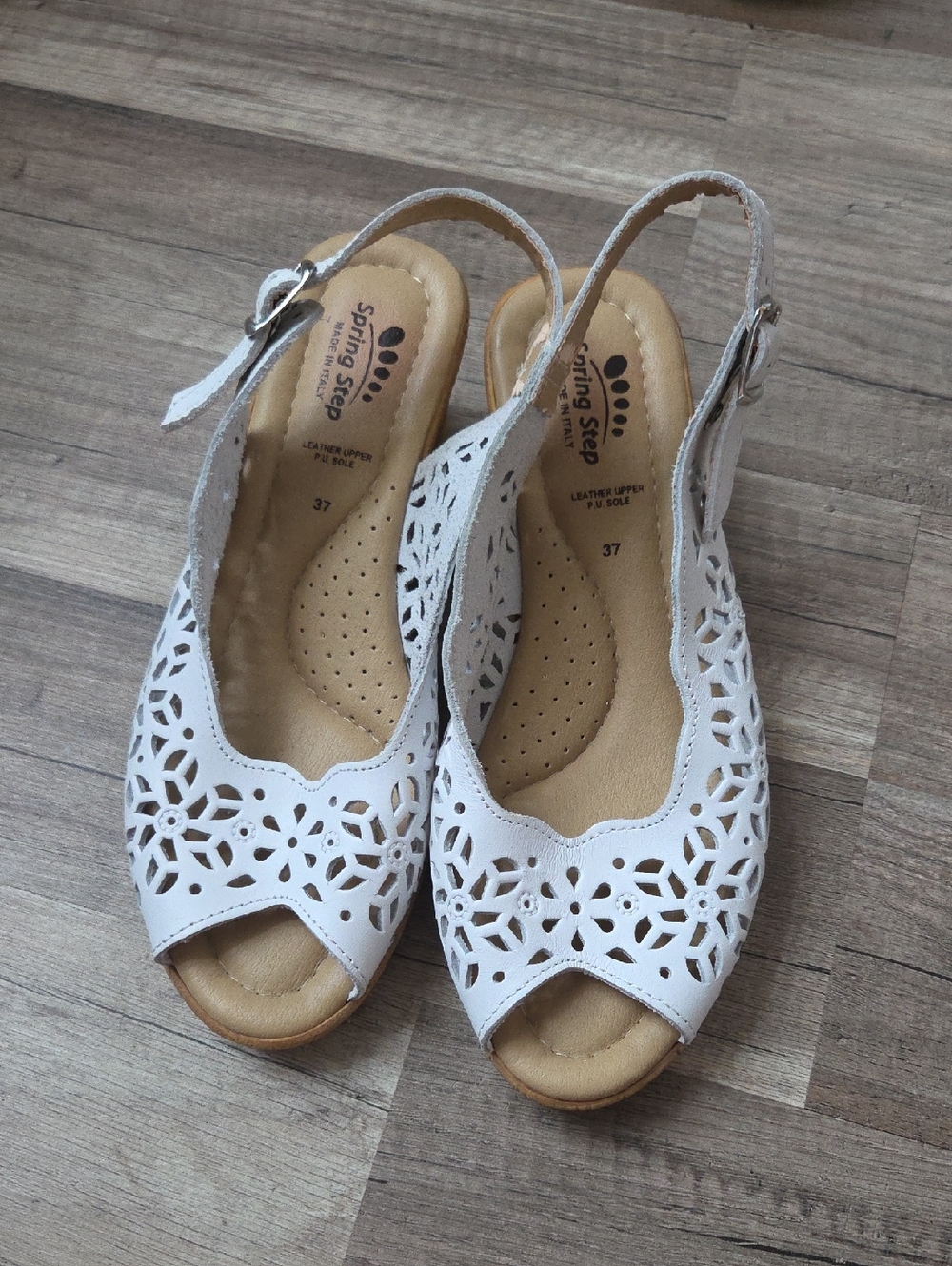 Spring Step White Leather  Laser-Cut Peep-Toe Slingback Sandals